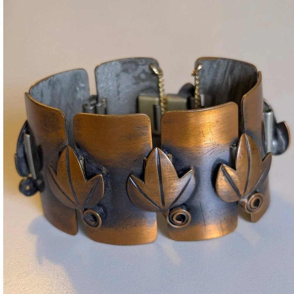 Frank Rebajes Signed Copper Leaf Panel Cuff Bracelet Statement